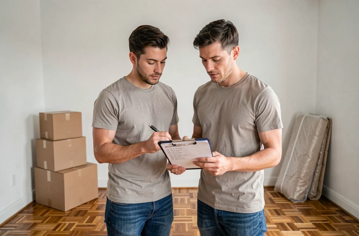 Couple consultant une liste de contrôle lors de la préparation d'un déménagement dans un appartement vide