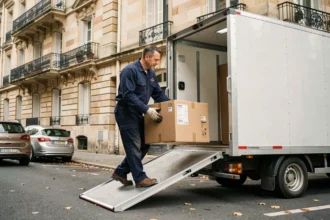 Déménageur professionnel portant des cartons depuis un camion de déménagement devant un immeuble parisien
