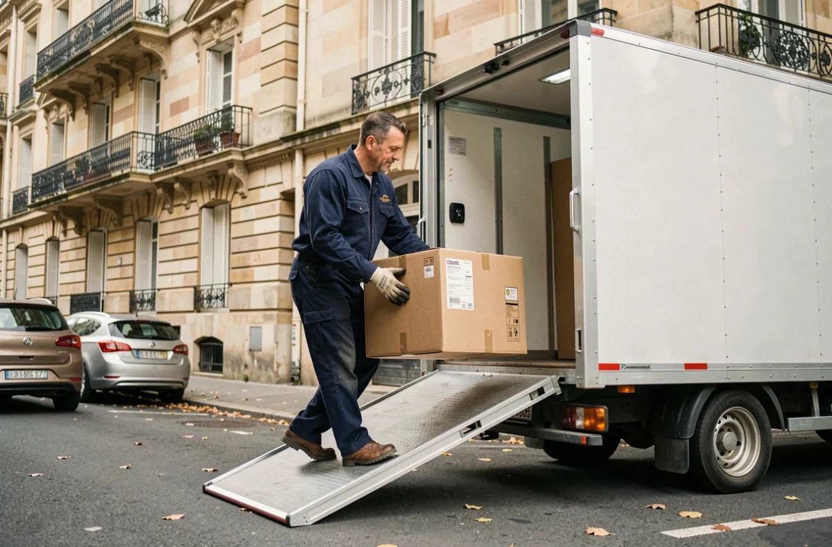 Déménageur professionnel portant des cartons depuis un camion de déménagement devant un immeuble parisien