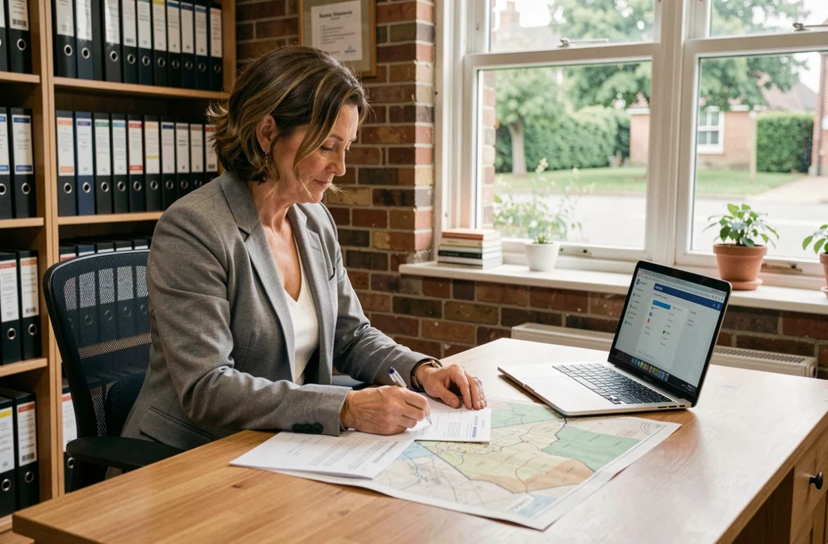 Professionnelle de l'immobilier analysant des documents d'évaluation d'un terrain non constructible dans un bureau