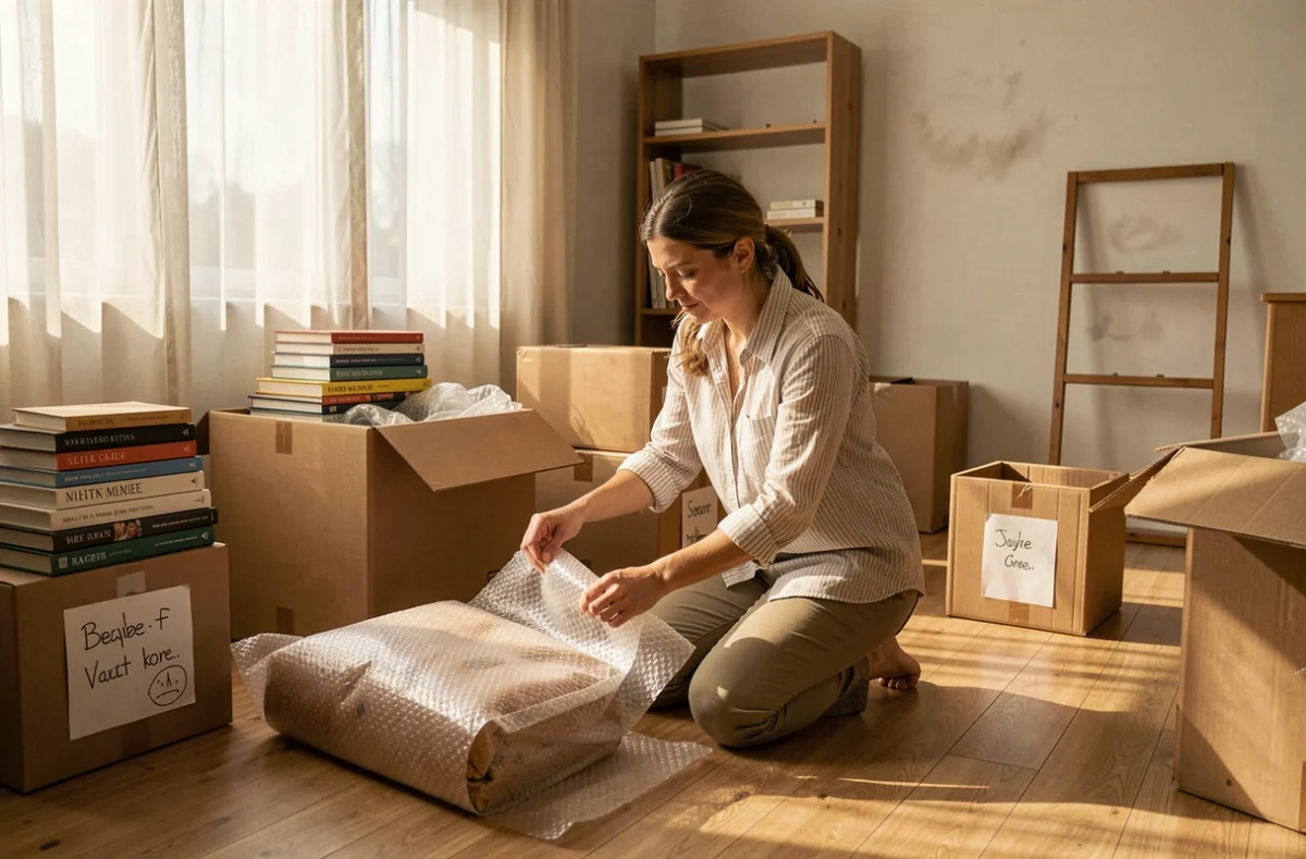 Femme emballant des objets fragiles dans du papier bulle lors de la préparation de ses cartons de déménagement