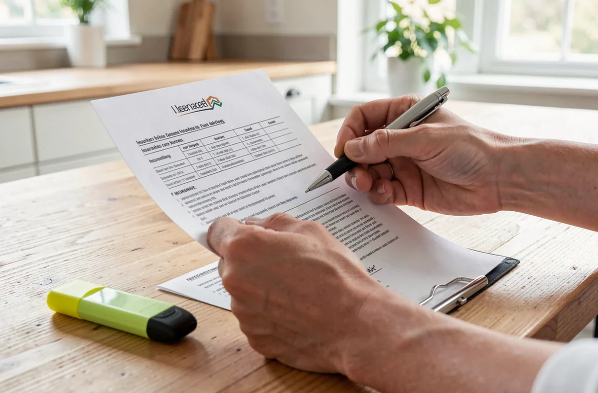 Mains relisant un contrat d'assurance imprimé avec un stylo sur une table