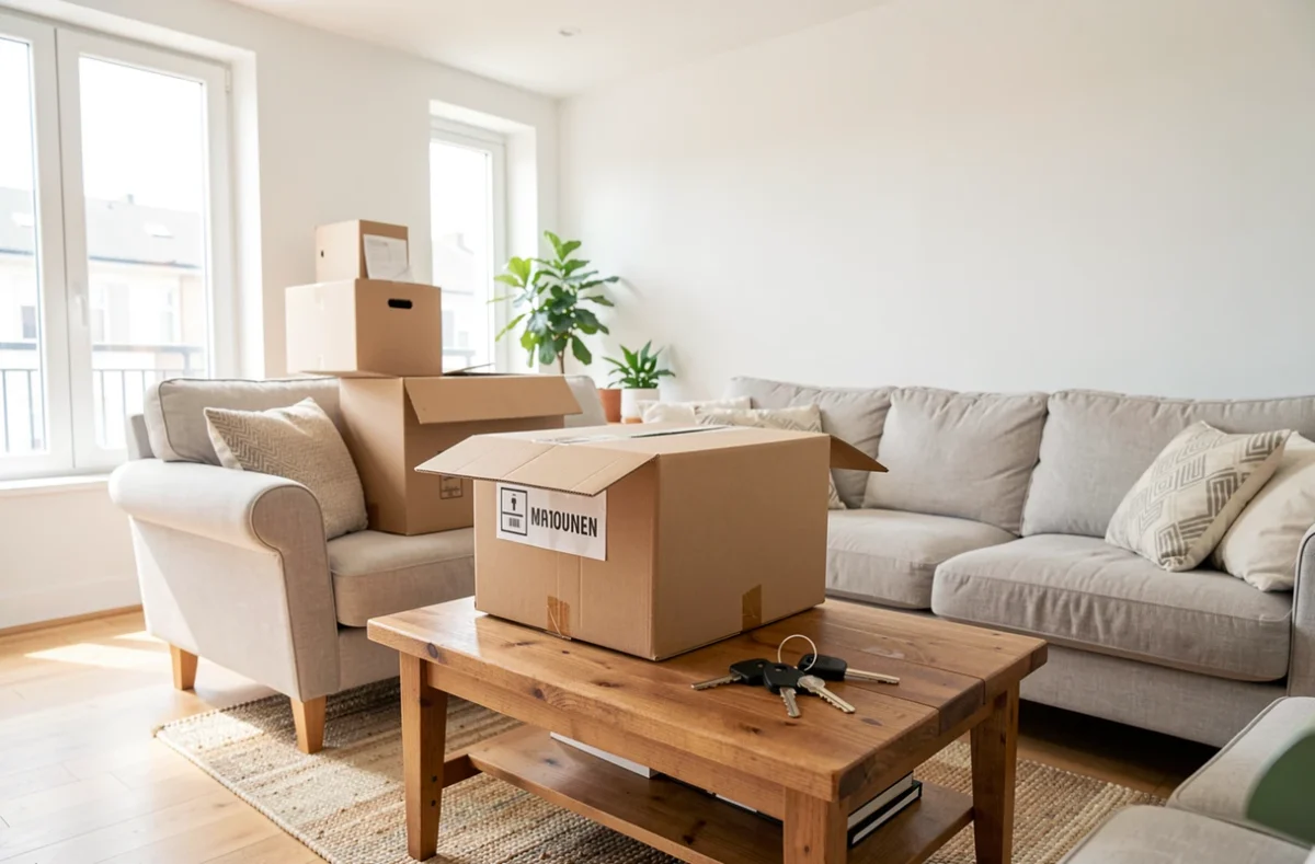 Salon d'un appartement loué avec cartons de déménagement et clés posées sur une table